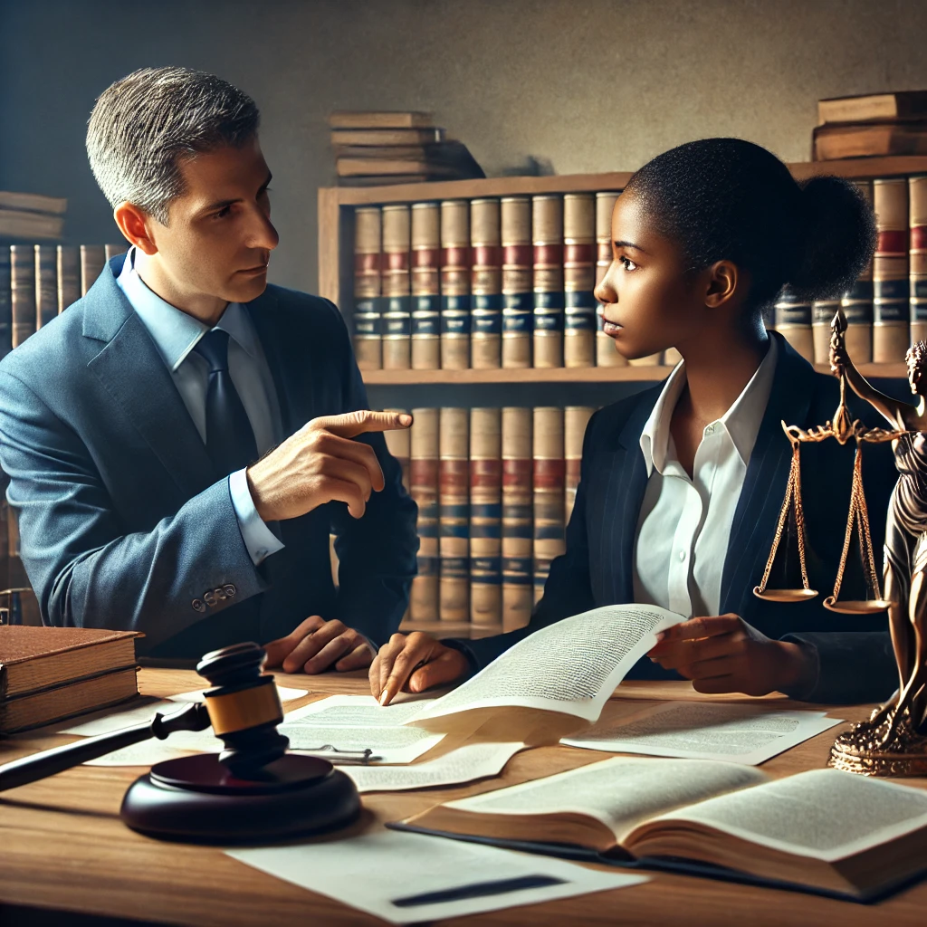 An attorney consulting with a client about filing a racial discrimination lawsuit, reviewing evidence and documentation in a law office.