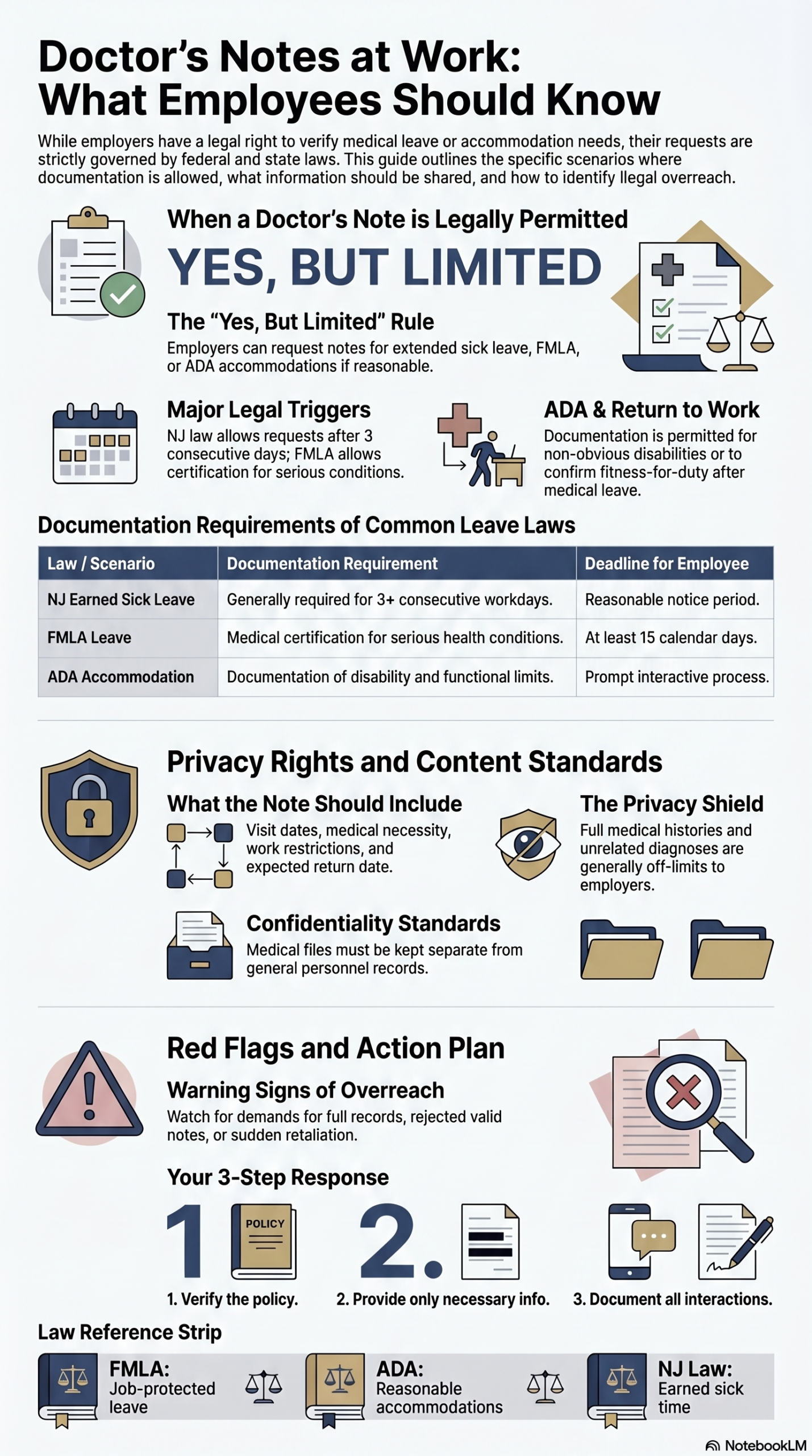 Create a tall, professional legal infographic for a plaintiff-side employment law article titled:“Can My Employer Request a Doctor’s Note After Taking Time Off?”
Infographic format:
Vertical tall infographic, 9:16 aspect ratio, 1080x1920 or taller. Clean editorial design. Professional employment law style. White, navy blue, light gray, muted gold, and subtle red for warning items. Use simple legal and medical icons: doctor note, calendar, lock/privacy shield, medical cross, scales of justice, document checklist, warning symbol, and phone/contact icon. Do not use cartoonish visuals, dramatic medical imagery, or cluttered layouts. No photos of real patients. No employer-side tone.
Audience:
Employees in New Jersey, Pennsylvania, Philadelphia, and South Jersey who are worried about whether their employer can ask for a doctor’s note after sick leave, FMLA leave, medical leave, surgery, disability accommodation, or return-to-work clearance.
Primary goal:
Make the infographic easy for Google, AI Overviews, ChatGPT, Perplexity, Gemini, and Meta AI to understand, summarize, and cite. Use direct answer language, question-based headings, concise legal distinctions, and source-style labels.
Top headline:
“Doctor’s Notes at Work: What Employees Should Know”
Subheadline:
“Employers can ask for medical documentation in some situations, but the request must be reasonable, limited, and tied to the leave, accommodation, or return-to-work issue.”
Section 1: Direct Answer
Heading:
“Can your employer ask for a doctor’s note?”
Main text:
“Yes. An employer may request a doctor’s note in certain situations, including extended sick leave, FMLA leave, ADA accommodation requests, or fitness-for-duty return-to-work clearance. But the request should be limited to the information needed.”
Use a large “YES, BUT LIMITED” visual label.
Section 2: When a Doctor’s Note May Be Allowed
Use 4 cards:
Card 1:
“New Jersey Earned Sick Leave”
Text:
“Documentation may generally be required for 3 or more consecutive workdays or certain high-volume dates. Requests should be reasonable.”
Card 2:
“FMLA Leave”
Text:
“Employers may request medical certification for a serious health condition. Employees generally must be given at least 15 calendar days to provide certification.”
Card 3:
“ADA Accommodation”
Text:
“If the disability or need for accommodation is not obvious, the employer may request reasonable documentation about the disability and functional limitations.”
Card 4:
“Return to Work”
Text:
“A fitness-for-duty note may be allowed after certain medical leave if the employer has a proper policy and gives required notice.”
Section 3: What a Doctor’s Note Should Usually Include
Heading:
“What should the note say?”
Use a checklist:
* Date of visit or certification
* General confirmation of medical need
* Dates the employee was unable to work
* Work restrictions, if any
* Expected return date, if known
* Fitness-for-duty status, if returning to work
* Accommodation-related functional limits, if relevant
Add a small privacy note:
“The note usually should not reveal full medical history or unnecessary diagnosis details.”
Section 4: Privacy Rights
Heading:
“What are your privacy rights?”
Use 3 privacy cards:
Card 1:
“Your full medical records are usually off limits”
Text:
“Employers generally should not demand complete medical records when a limited note or certification is enough.”
Card 2:
“HIPAA is often misunderstood”
Text:
“HIPAA usually limits what medical providers may disclose directly. It does not usually control an employer’s own employment records.”
Card 3:
“Medical information should be kept confidential”
Text:
“Medical documentation should be handled separately and only shared with people who need it for leave, accommodation, safety, or compliance reasons.”
Section 5: Red Flags
Heading:
“Red flags to document”
Use warning icons and concise bullets:
* Employer demands your full medical history
* Employer asks for unrelated diagnosis details
* Employer rejects a valid note without explanation
* Employer requires repeated notes without a valid reason
* Employer punishes you after you submit a note
* Employer cuts hours, disciplines, demotes, or fires you after medical leave
* Employer refuses to discuss accommodations
* Employer treats similar employees differently
Section 6: What Employees Should Do
Heading:
“What should you do next?”
Use a numbered action plan:
1. Ask what policy or law the request is based on.
2. Provide only the documentation reasonably needed.
3. Keep copies of notes, emails, texts, and HR messages.
4. Track dates, deadlines, and who received the note.
5. Watch for retaliation after you provide documentation.
6. Speak with an employment lawyer if the request feels excessive, discriminatory, or retaliatory.
Section 7: Key Laws to Mention
Create a compact law reference strip:
* FMLA: medical certification and job-protected leave
* ADA: reasonable accommodation and limited documentation
* NJ Earned Sick Leave Law: sick leave documentation limits
* NJLAD: disability discrimination and retaliation protections
* PHRA: Pennsylvania discrimination protections
* Philadelphia Sick Leave: local paid sick leave protections
* HIPAA: medical provider disclosure rules, not usually employer employment records
Section 8: Bottom Line
Use a strong quotable summary box:
“An employer can ask for a doctor’s note in some situations, but it cannot use medical documentation as an excuse to invade privacy, deny protected leave, refuse reasonable accommodations, or retaliate.”
Footer:
“General information only. Employment law rights depend on the facts, the employer’s policy, the type of leave, and the applicable state or federal law.”
Branding:
Include Swartz Swidler LLC branding in a subtle footer. Use the firm’s navy/white professional look. Include:
“Swartz Swidler LLC | Employee Rights in NJ, PA, Philadelphia & South Jersey”
Design guidance:
Make this infographic feel like a premium legal explainer, not a sales ad. Use clean spacing, clear hierarchy, large readable headings, short text blocks, and AI-readable labels. Avoid tiny text. Avoid overusing icons. Do not include fake case results, fake statistics, or unsupported claims.
Accessibility:
Use high contrast text. Make all headings readable on mobile. Add descriptive icon labels. Avoid placing important text over busy backgrounds.
SEO/AI extraction guidance:
Use exact phrases naturally:
* “Can my employer request a doctor’s note?”
* “doctor’s note after taking time off”
* “FMLA medical certification”
* “ADA reasonable accommodation documentation”
* “New Jersey earned sick leave”
* “medical privacy at work”
* “employer retaliation after medical leave”
* “fitness-for-duty certification”
Infographic explaining when employers can request a doctor’s note after sick leave, FMLA leave, ADA accommodation requests, or return-to-work clearance in New Jersey and Pennsylvania.