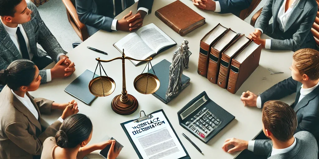 The Role of a Racism Attorney in Workplace Discrimination Cases A lawyer discussing workplace discrimination with a client in a professional legal setting, with legal books, scales of justice, and a document titled 'Workplace Discrimination'