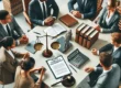 A lawyer discussing workplace discrimination with a client in a professional legal setting, with legal books, scales of justice, and a document titled 'Workplace Discrimination'