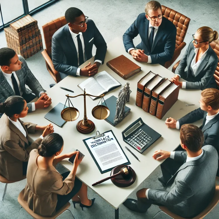 The Role of a Racism Attorney in Workplace Discrimination Cases A lawyer discussing workplace discrimination with a client in a professional legal setting, with legal books, scales of justice, and a document titled 'Workplace Discrimination'