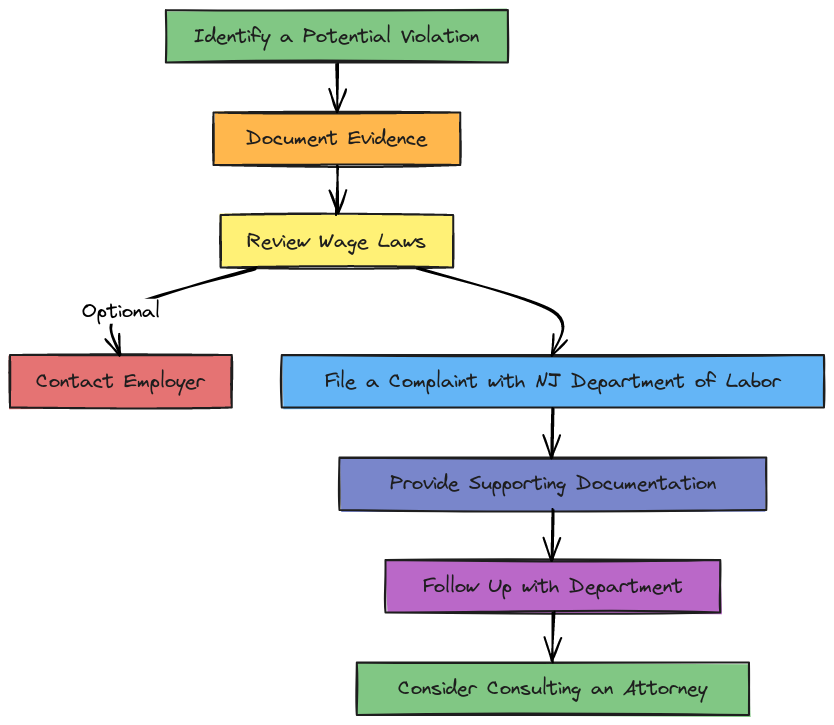 Flowchart outlining the steps to file a complaint with the NJ Department of Labor, including identifying a violation, documenting evidence, and providing supporting documentation.