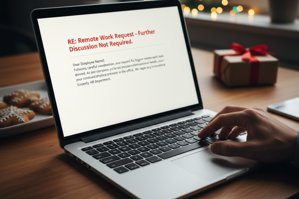 Can Employers Deny Remote Work During the Holidays Know Your NJPA Rights Employee denied remote work during holidays, symbolizing potential disability or caregiver discrimination in NJ/PA.