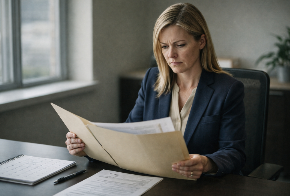 Employee reviewing FMLA medical certification paperwork at a desk