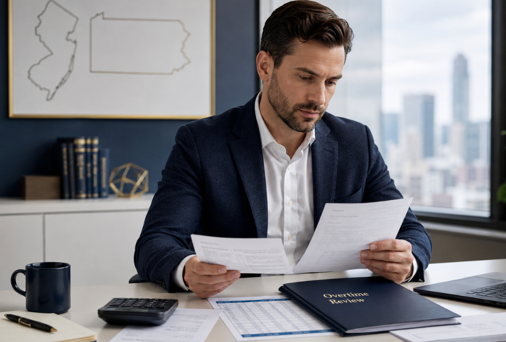 Salaried employee reviewing pay stubs and overtime records in NJ or PA Salaried employee reviewing pay stubs and overtime records in NJ or PA