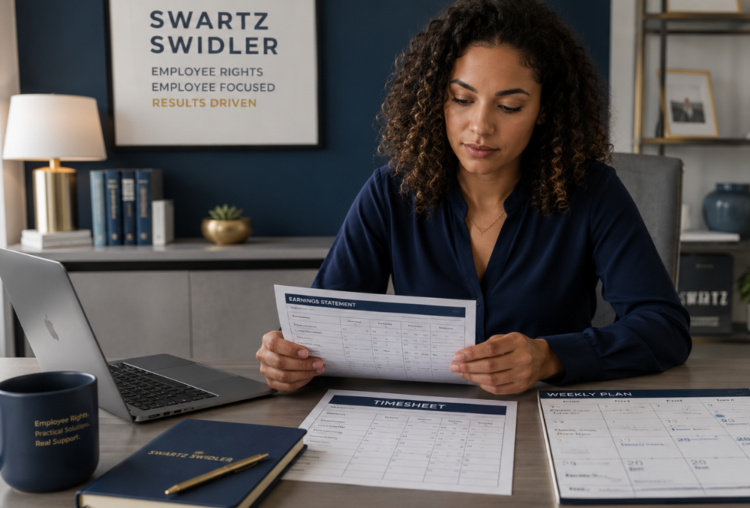 Employee reviewing paystubs and time records for unpaid overtime.