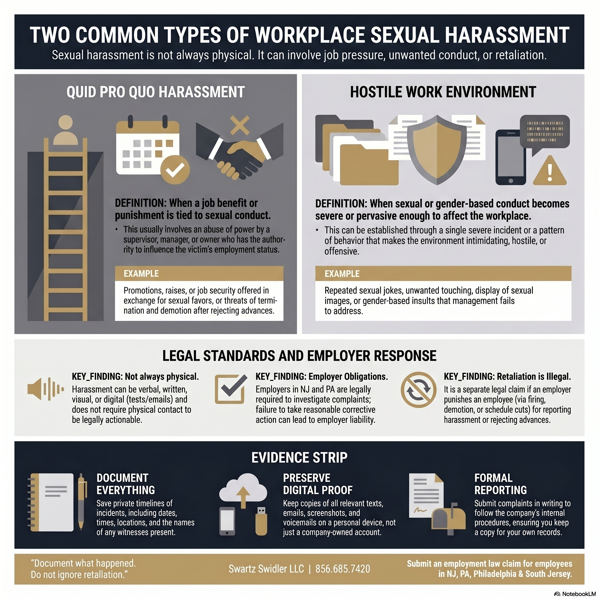 Create a cinematic square social media infographic for the middle of a plaintiff-side employment law practice area page. Topic: “Quid Pro Quo vs. Hostile Work Environment Sexual Harassment” Format: Square 1:1 infographic, 1080x1080. Premium legal editorial style. Dark navy background with white, soft gray, charcoal, and muted gold accents. Clean typography, strong hierarchy, professional and calm. Designed to be embedded mid-page in a legal article and also usable on LinkedIn, Facebook, and Google Business Profile. Audience: Employees in New Jersey, Pennsylvania, Philadelphia, and South Jersey who are trying to understand whether workplace sexual harassment may be legally actionable. Main headline: “Two Common Types of Workplace Sexual Harassment” Subheadline: “Sexual harassment is not always physical. It can involve job pressure, unwanted conduct, or retaliation.” Create two large side-by-side comparison panels: Panel 1: “Quid Pro Quo Harassment” Short definition: “When a job benefit or punishment is tied to sexual conduct.” Examples: * Promotion, raise, schedule, or job security tied to sexual favors * Threats after rejecting advances * Worse shifts, discipline, or termination after saying no Visual icon ideas: Supervisor power, employment document, warning symbol, job ladder, calendar, or signed paperwork. Panel 2: “Hostile Work Environment” Short definition: “When sexual or gender-based conduct becomes severe or pervasive enough to affect the workplace.” Examples: * Repeated sexual comments, jokes, or messages * Unwanted touching or sexual images * Gender-based insults or humiliating conduct * Harassment ignored by HR or management Visual icon ideas: Workplace records folder, HR complaint form, phone with blurred messages, shield/privacy icon, employee timeline. Middle or bottom bridge text: “Both types may support a legal claim depending on the facts, evidence, employer response, and retaliation.” Evidence strip: “Save texts, emails, screenshots, HR complaints, witness names, dates, and employer responses.” Bottom line: “Document what happened. Do not ignore retaliation.” Footer: “Swartz Swidler LLC | Sexual Harassment Attorneys for Employees in NJ, PA, Philadelphia & South Jersey” CTA: “Submit an employment law claim | 856.685.7420” Design requirements: Workplace_Sexual_Harassment_Types