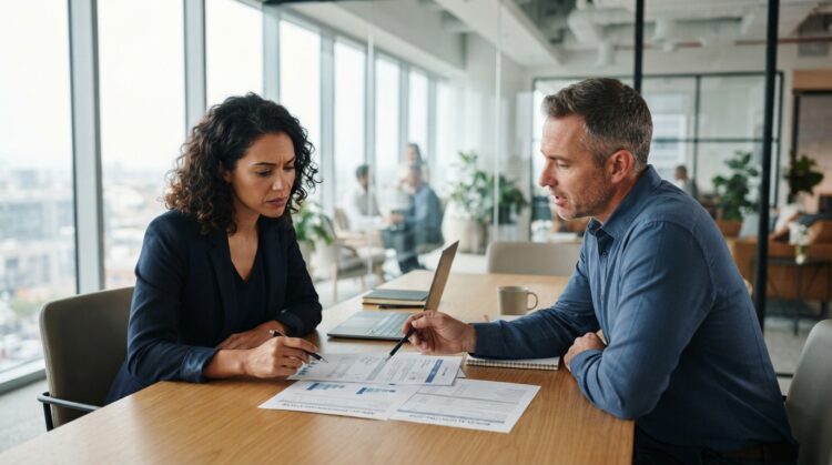 Employee and manager reviewing performance records after the employee used FMLA leave.