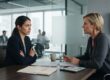 Employee discussing severance terms with a company representative after a layoff.