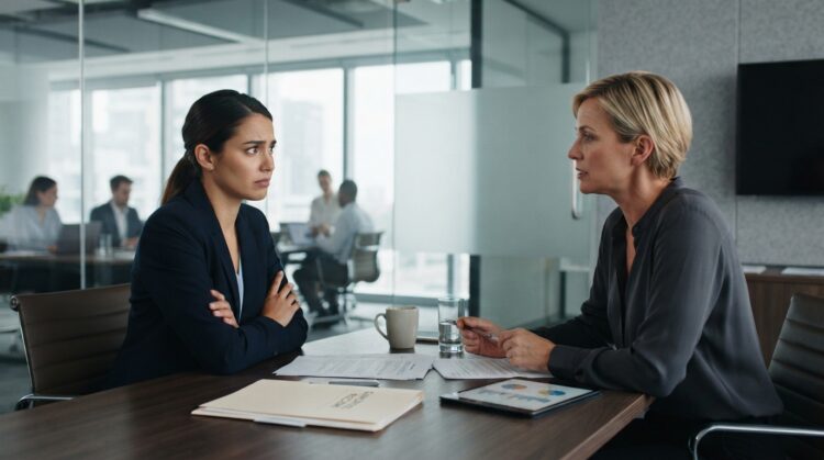 Employee discussing severance terms with a company representative after a layoff.