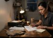 Worker reviewing paycheck deductions involving uniforms, equipment, shortages, or workplace expenses.
